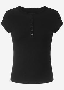 Geripptes T-Shirt mit Knopfleiste - schwarz