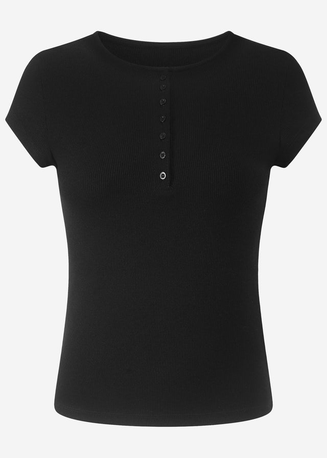 Geripptes T-Shirt mit Knopfleiste - schwarz