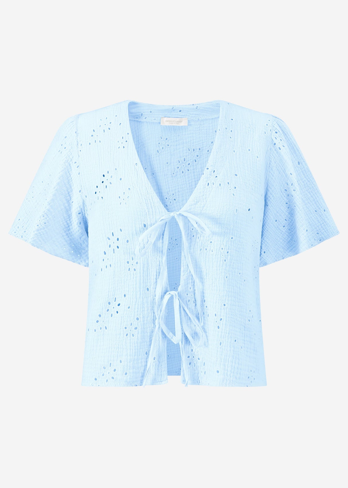 Musselin Bluse zum Binden mit Lochstickerei - hellblau