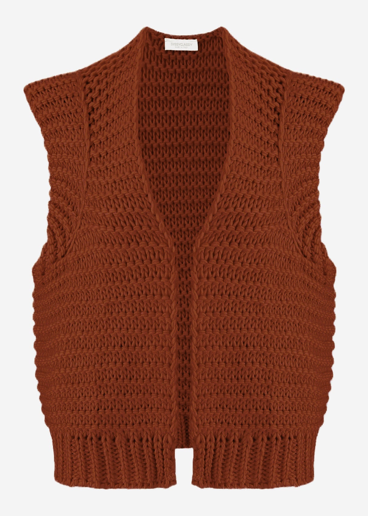 Sleeveless knitted vest with structured shoulders - cognac