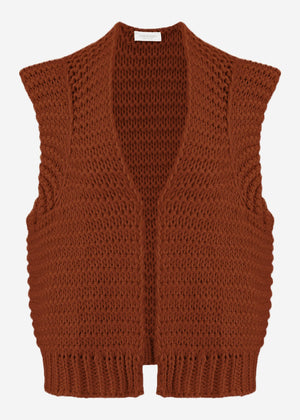 Sleeveless knitted vest with structured shoulders - cognac