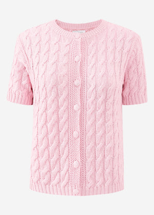 Short sleeve cardigan with cable knit pattern - pink