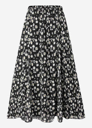Long chiffon skirt with floral print - black