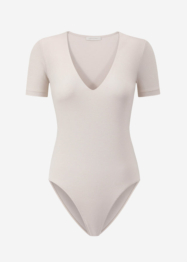 Kurzarm Body mit V-Ausschnitt - beige