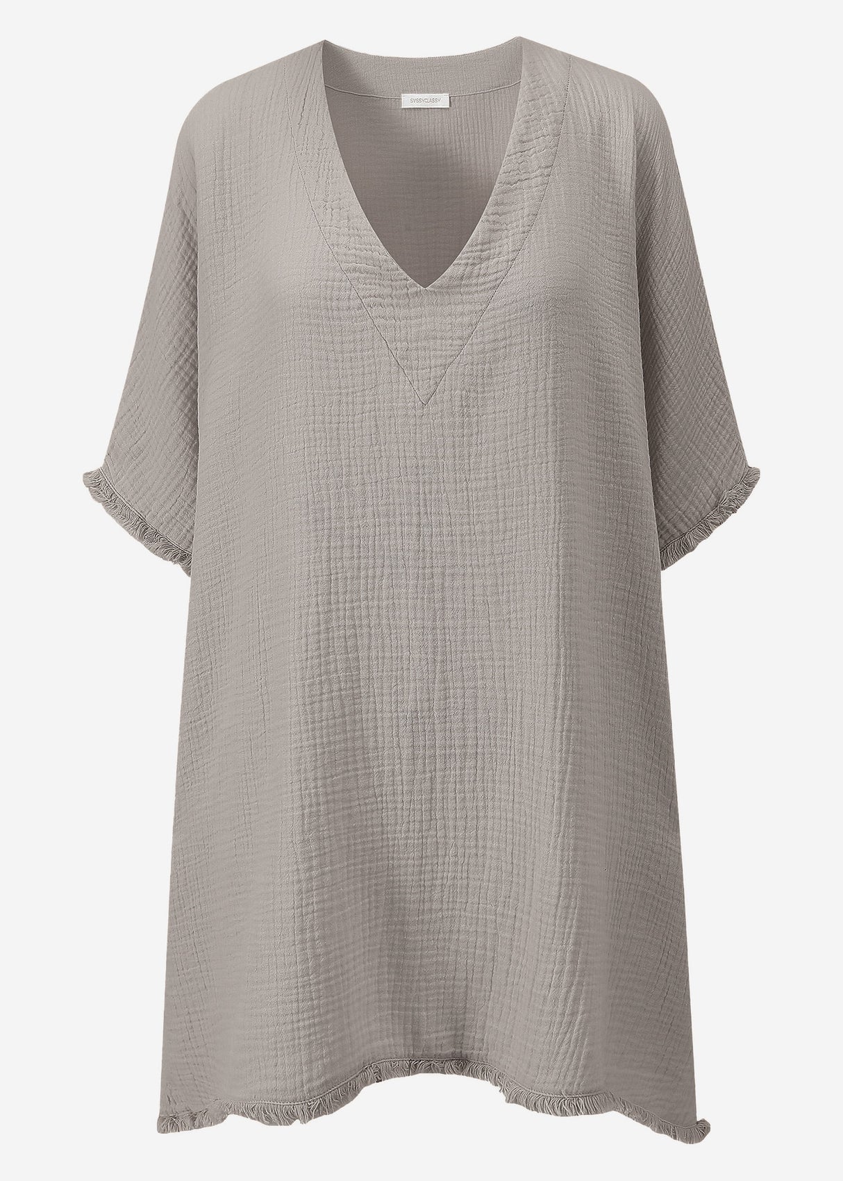 Musselin Tunika mit Fransen - taupe