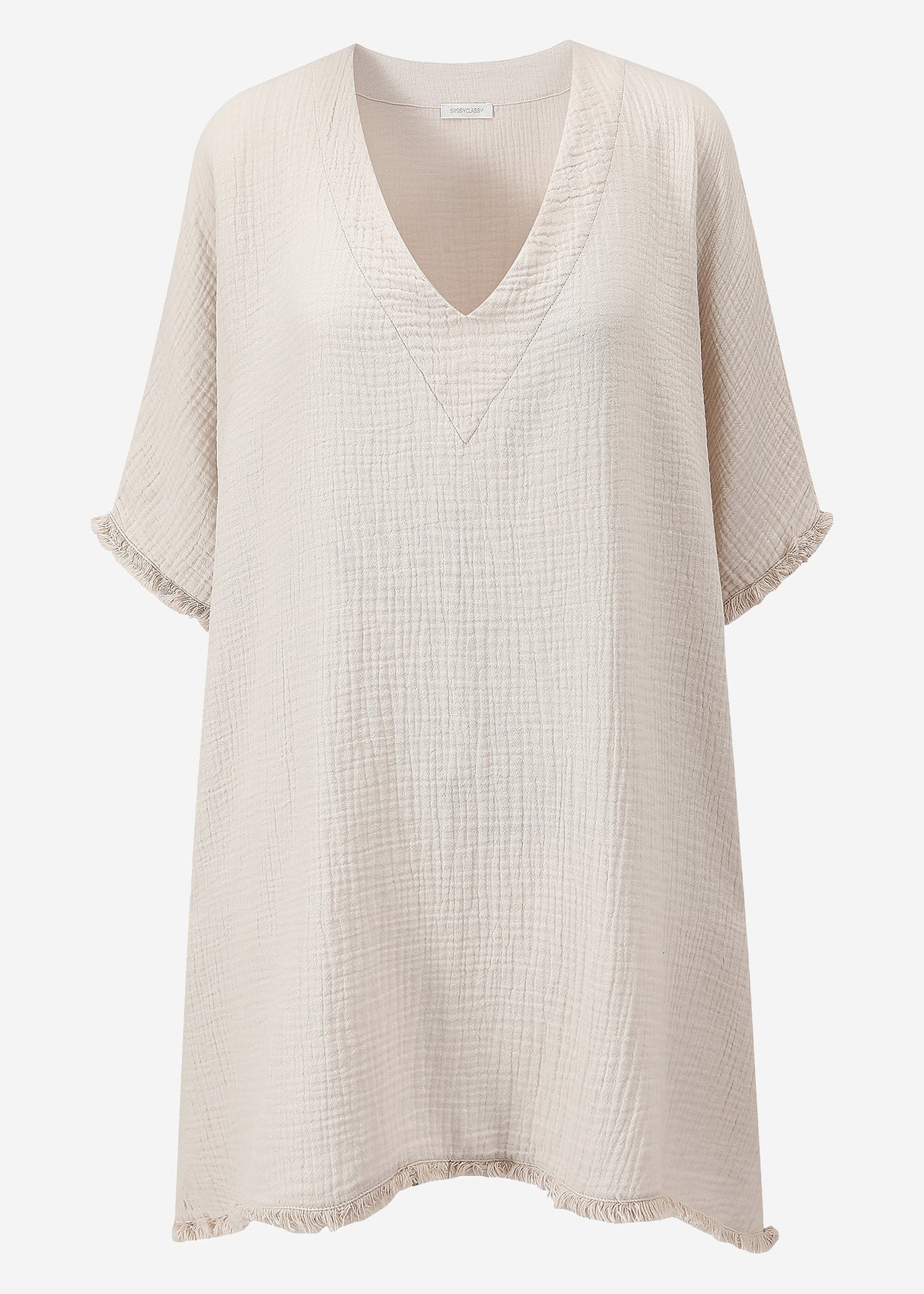 Musselin Tunika mit Fransen - hellbeige