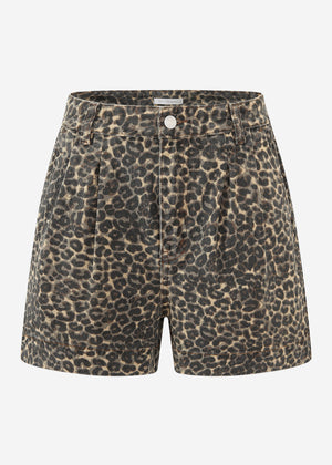 Wide high waist jeans shorts with Leo -Print - beige