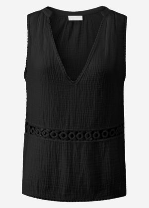 Musselin Top mit Spitzenborte - schwarz