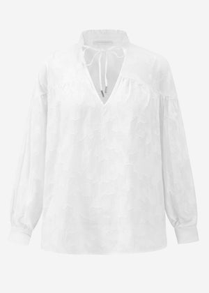 Slightly transparent jacquard blouse with tie detail - white