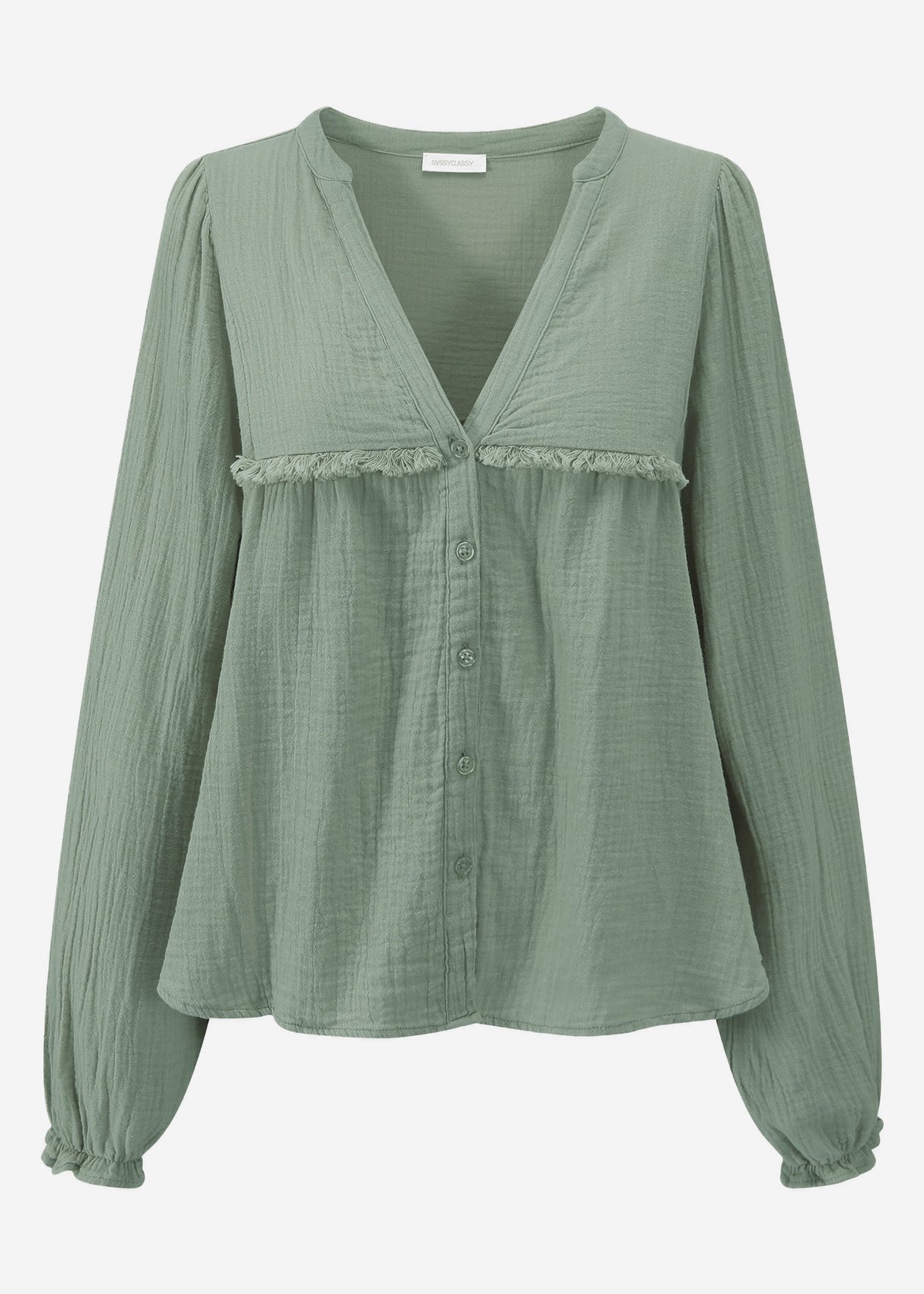 Muslin blouse with V-neck and fringes - sage green
