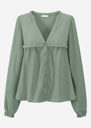 Muslin blouse with V-neck and fringes - sage green