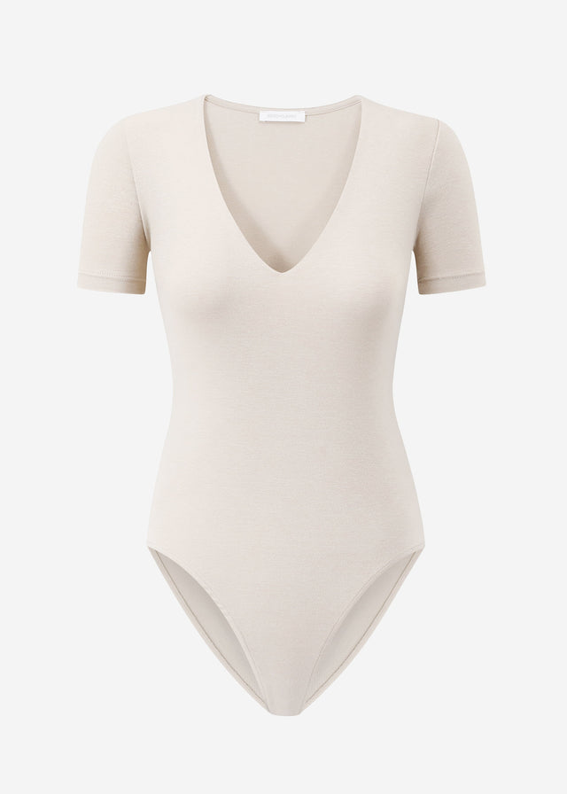 Kurzarm Body mit V-Ausschnitt - hellbeige