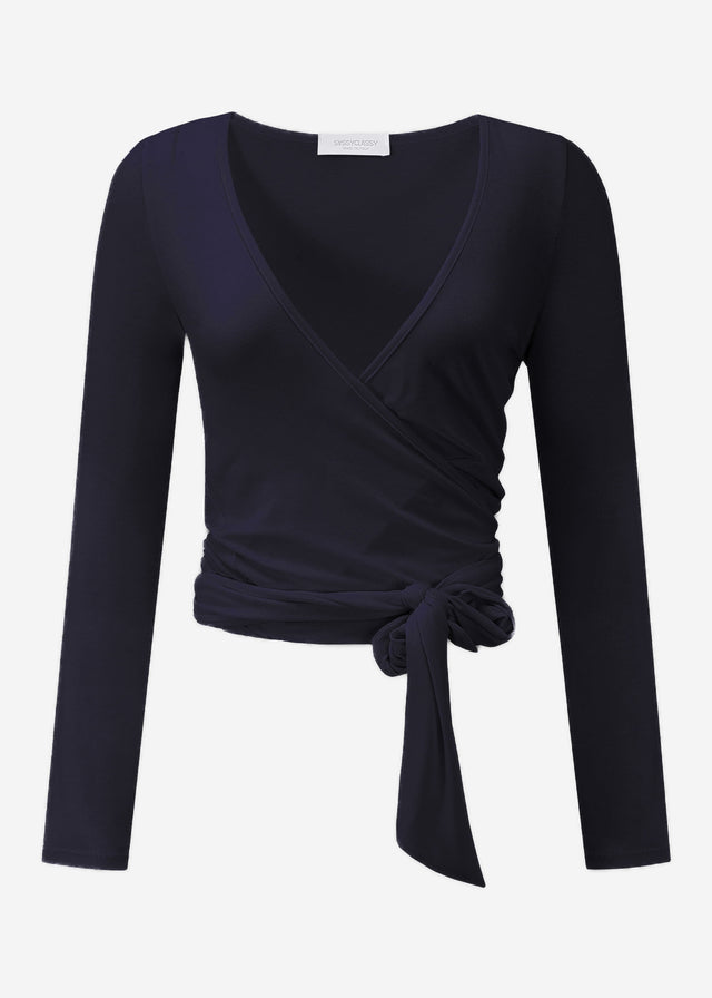 Long-sleeved wrap top - black