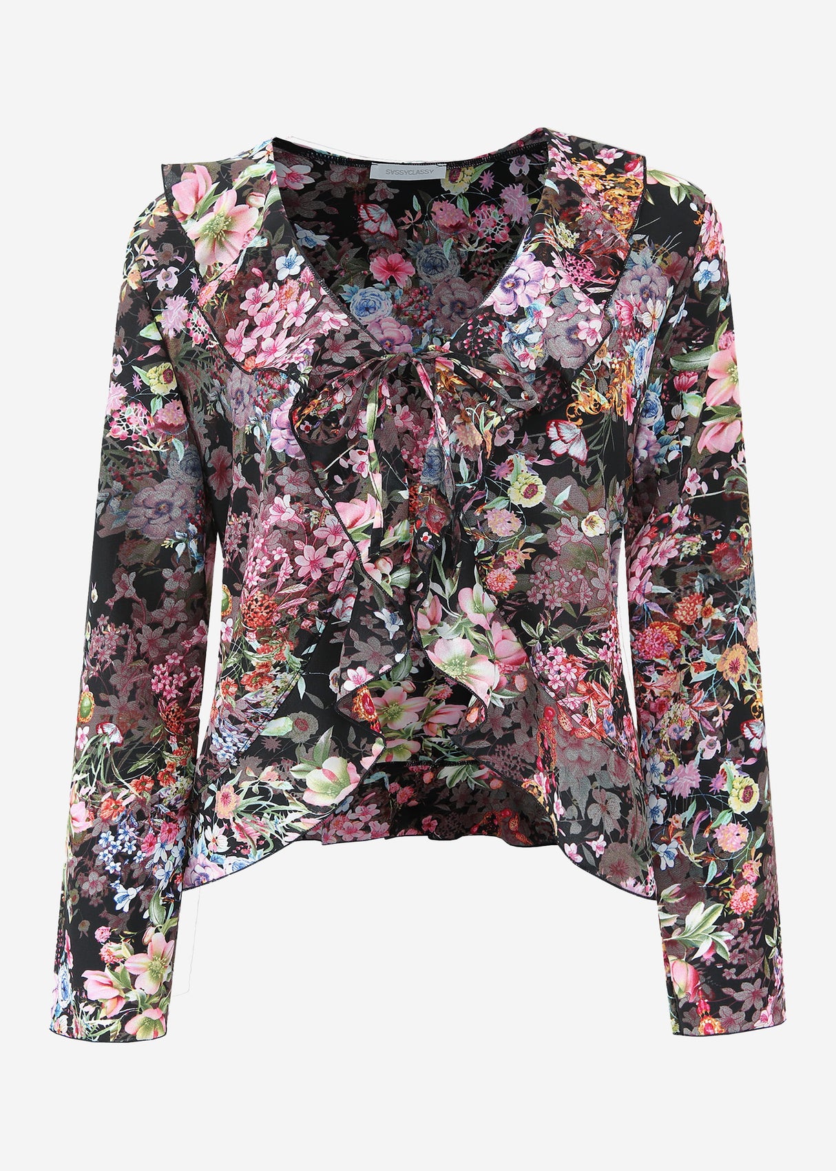 Bluse mit Bindeband und Blumen-Print - schwarz