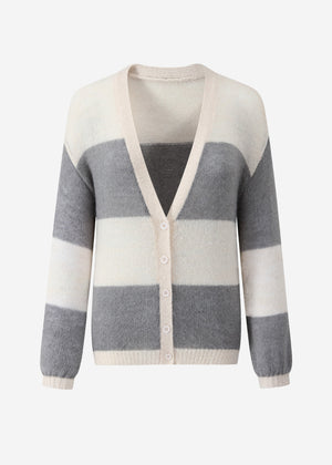 Striped cardigan with V-neck-gray-beige
