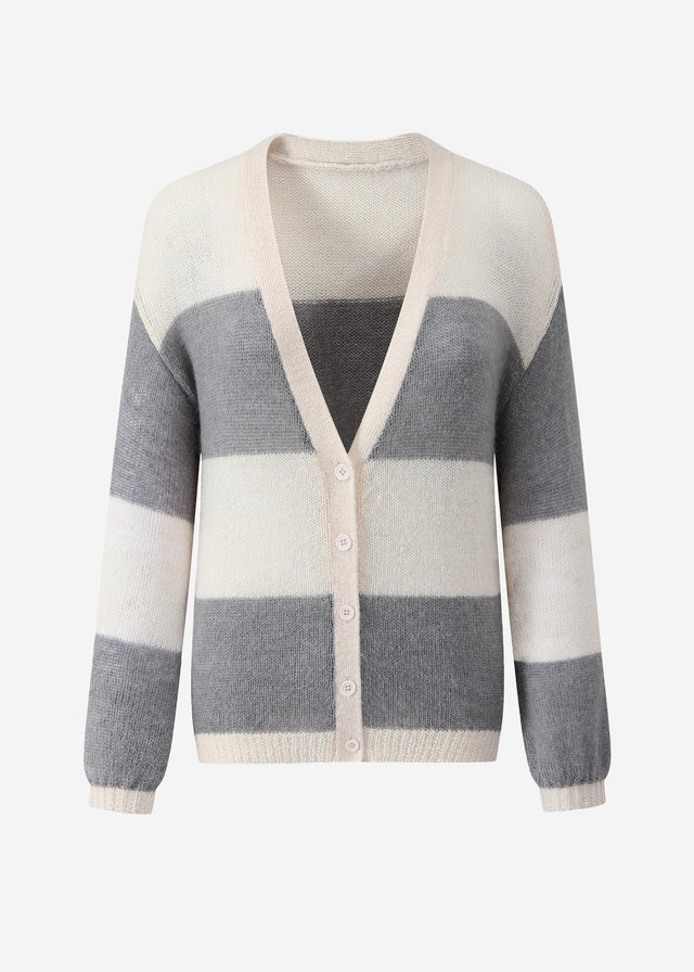 Gestreifter Feinstrick Cardigan mit V-Ausschnitt - grau-hellbeige