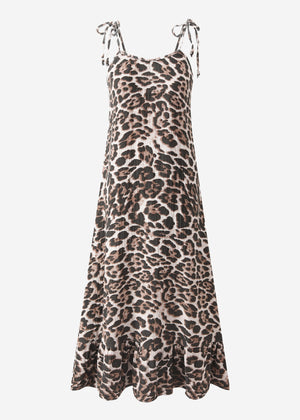 Musselin Maxi Dress with Leo-Print-brown-beige