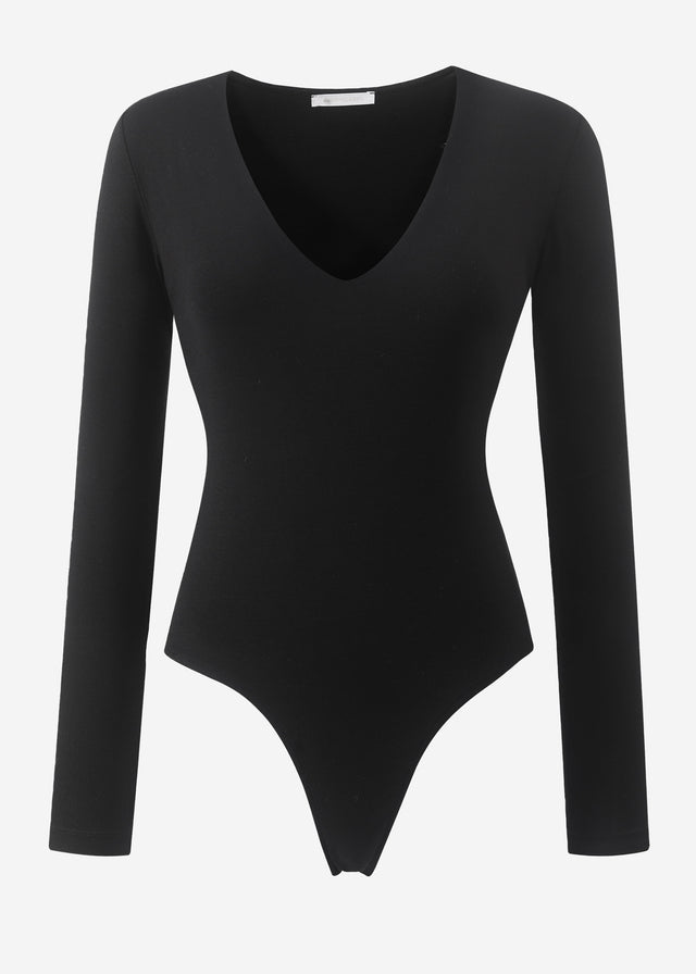 Long-sleeved bodysuit with V-neck - black