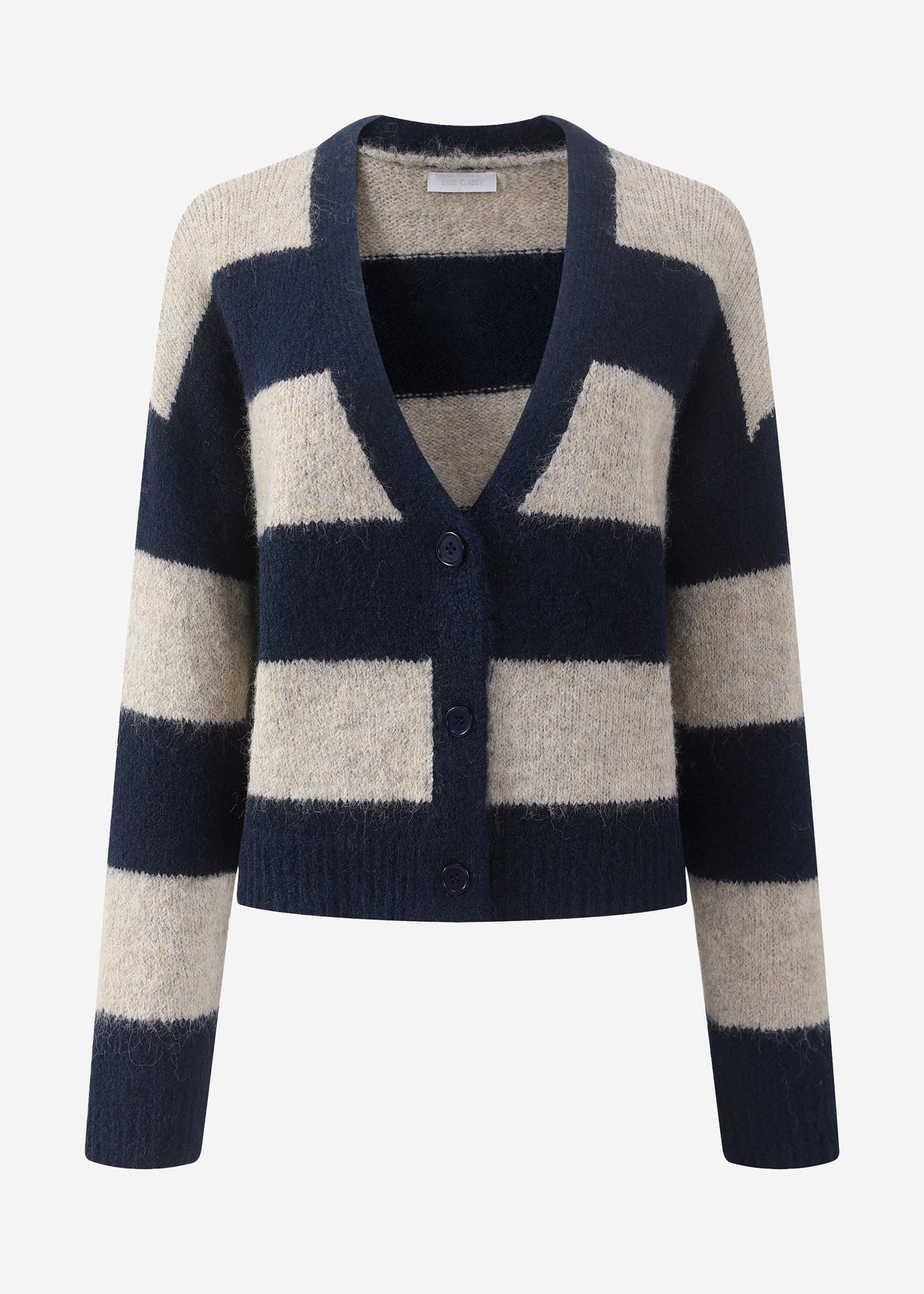 Cardigan with block strips and V-neck-beige-dark blue