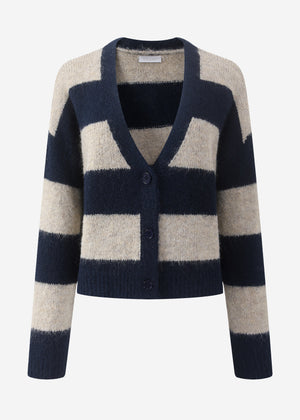 Cardigan with block strips and V-neck-beige-dark blue