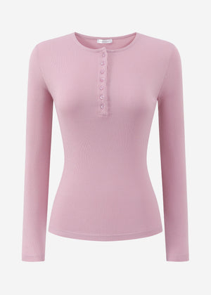 Ribbed T -shirt with button placket - powder pink