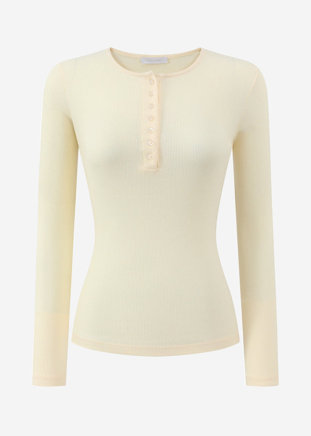 Ribbed T -shirt with button placket - beige