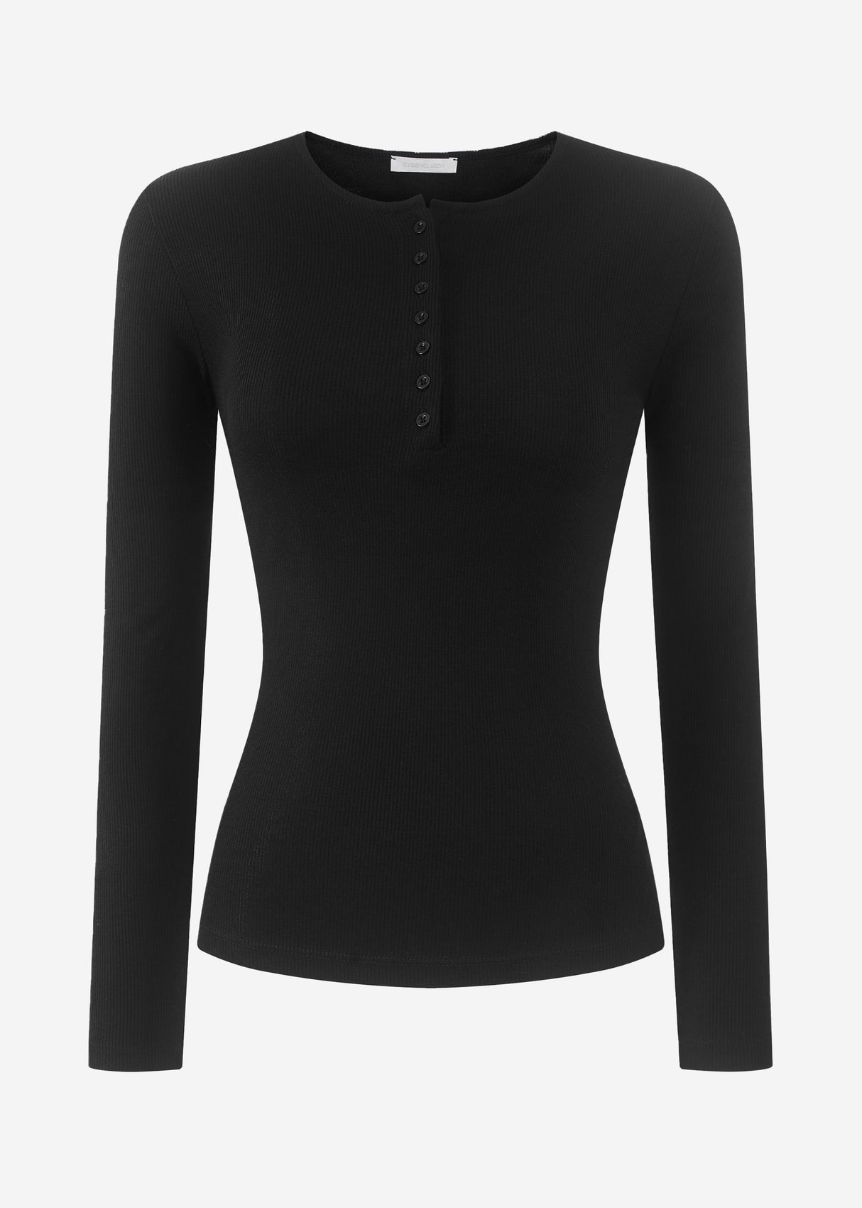 Ribbed T -shirt with button placket - black