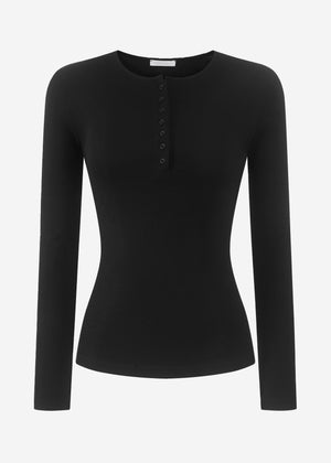 Ribbed T -shirt with button placket - black