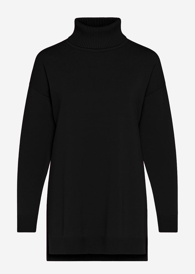 Oversize Rollkragenpullover mit langen Seitenschlitzen - schwarz