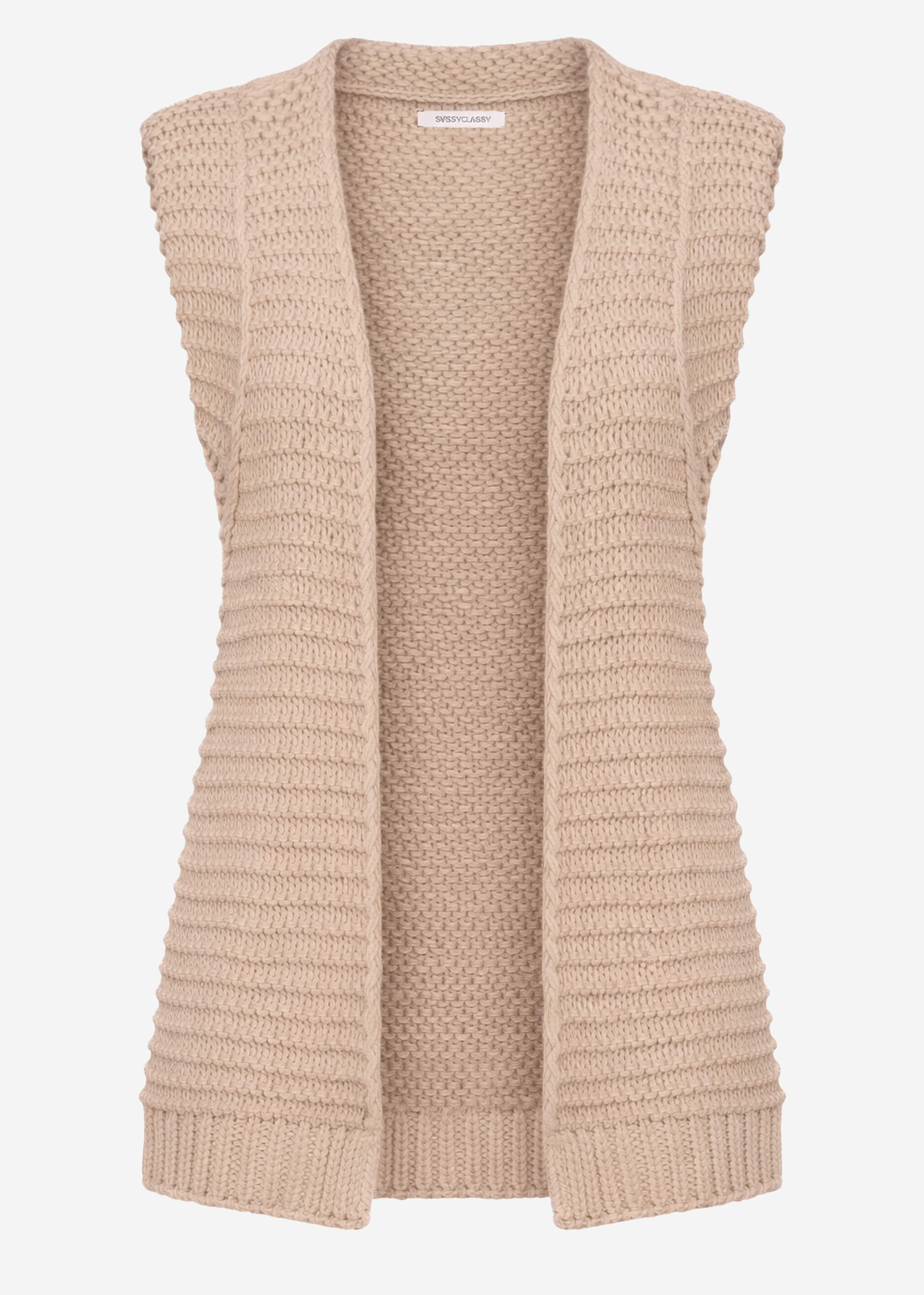 Long sleeveless knitted vest with structured shoulders - taupe