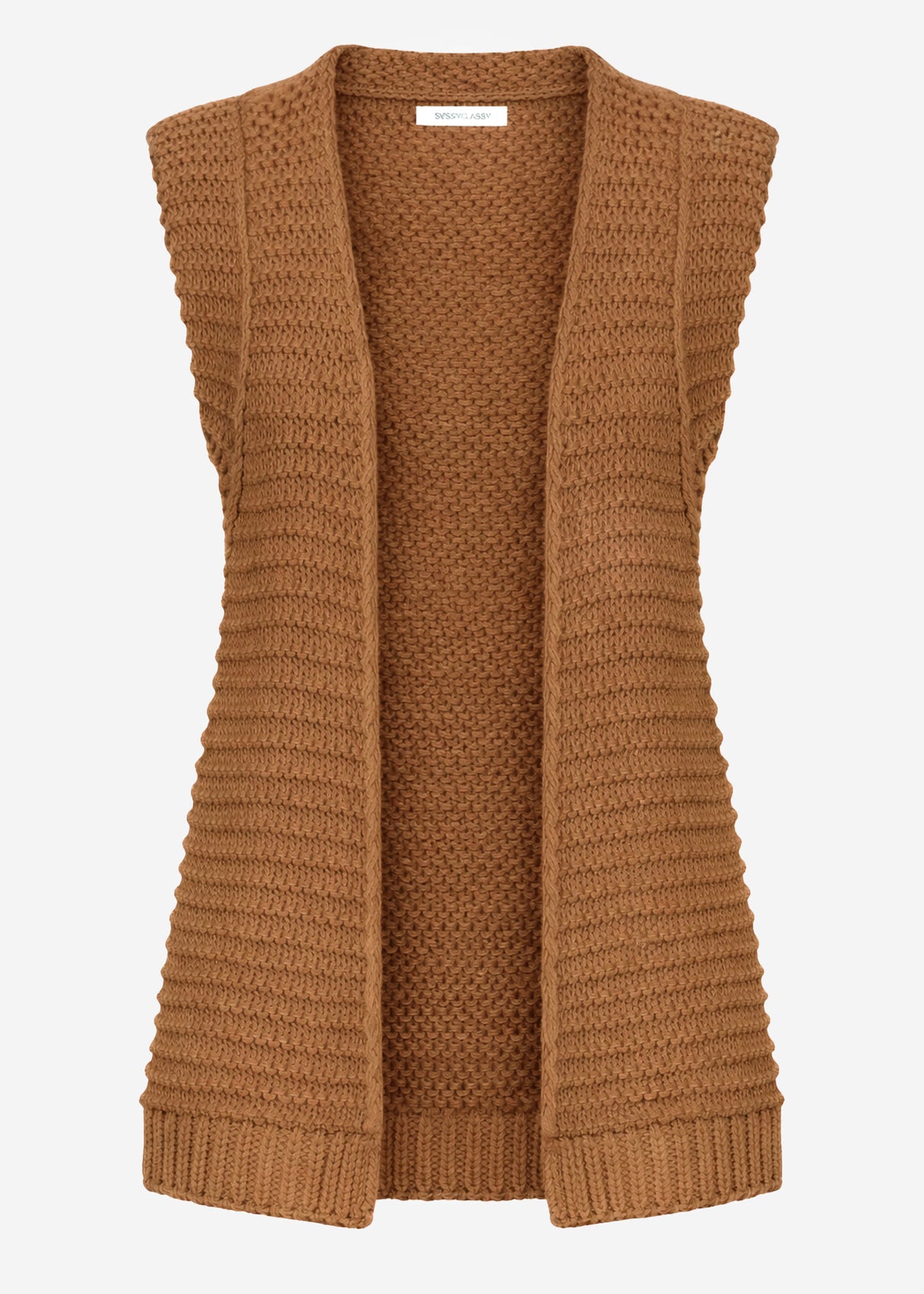 Lange ärmellose Strickweste mit strukturierten Schultern - camel