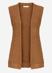 Long sleeveless waistcoat with textured shoulders - camel