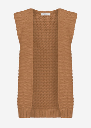 Long sleeveless knit vest with structured shoulders - camel