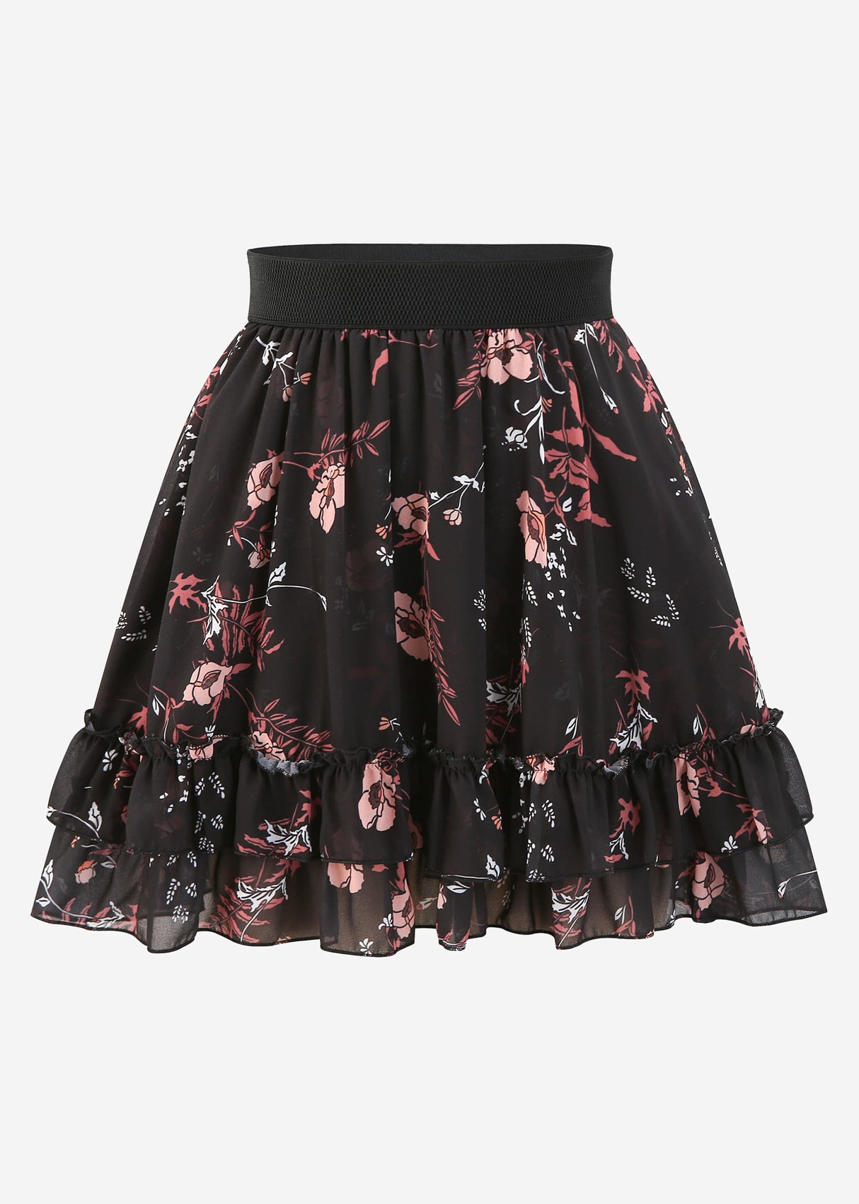 Flounce skirt with ruffles and floral print, black