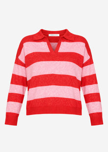 Striped jumper with polo collar - pink-red