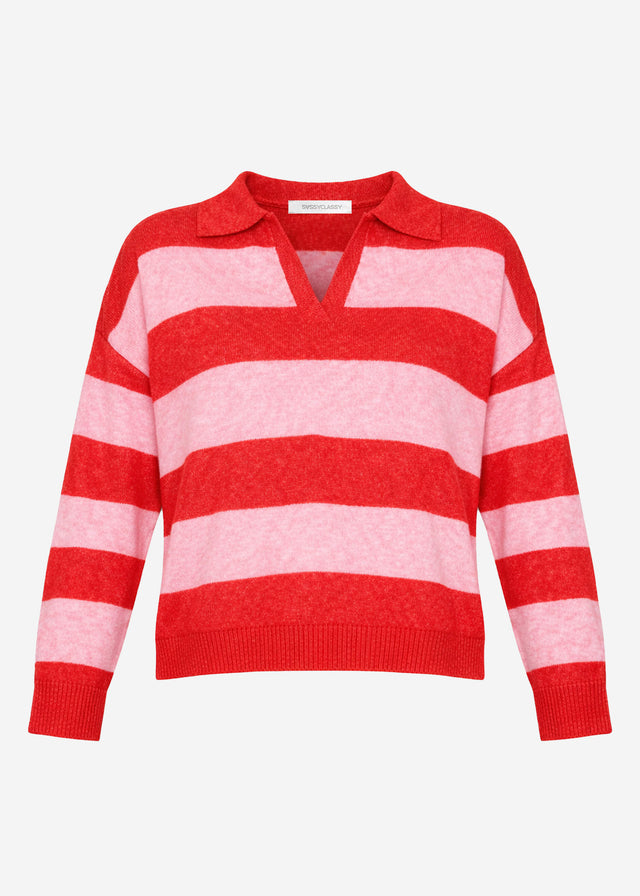 Gestreifter Pullover mit Polokragen - pink-rot