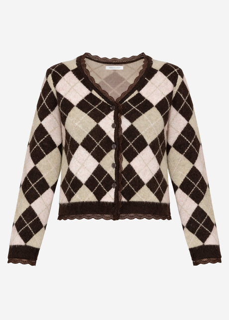 Strickjacke mit Rautenmuster und Spitzenborte - braun