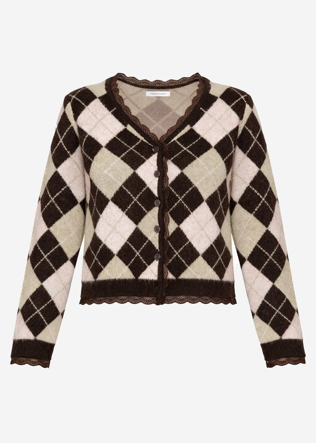 Strickjacke mit Rautenmuster und Spitzenborte - braun
