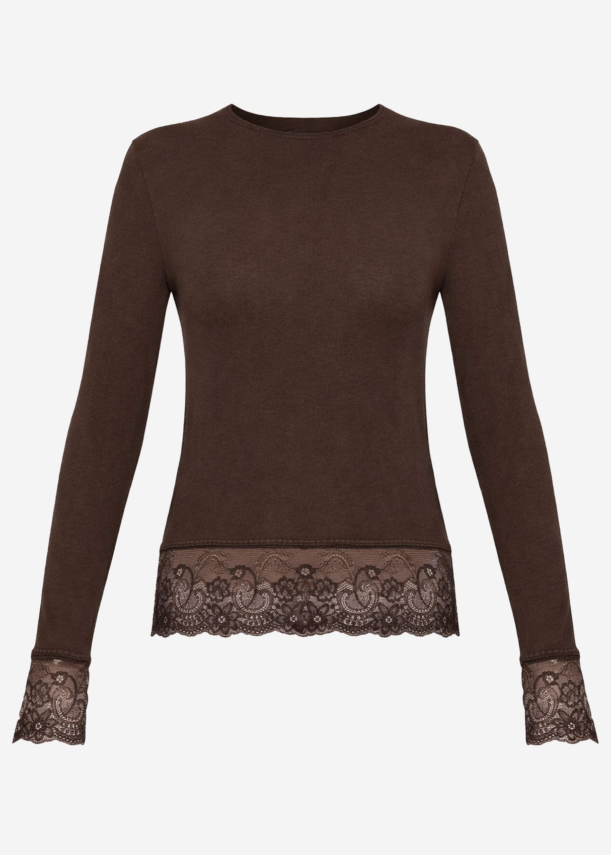 Langarmshirt mit Spitzenborte und Kaschmiranteil - braun