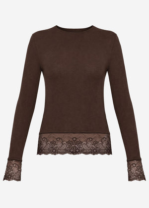 Langarmshirt mit Spitzenborte und Kaschmiranteil - braun