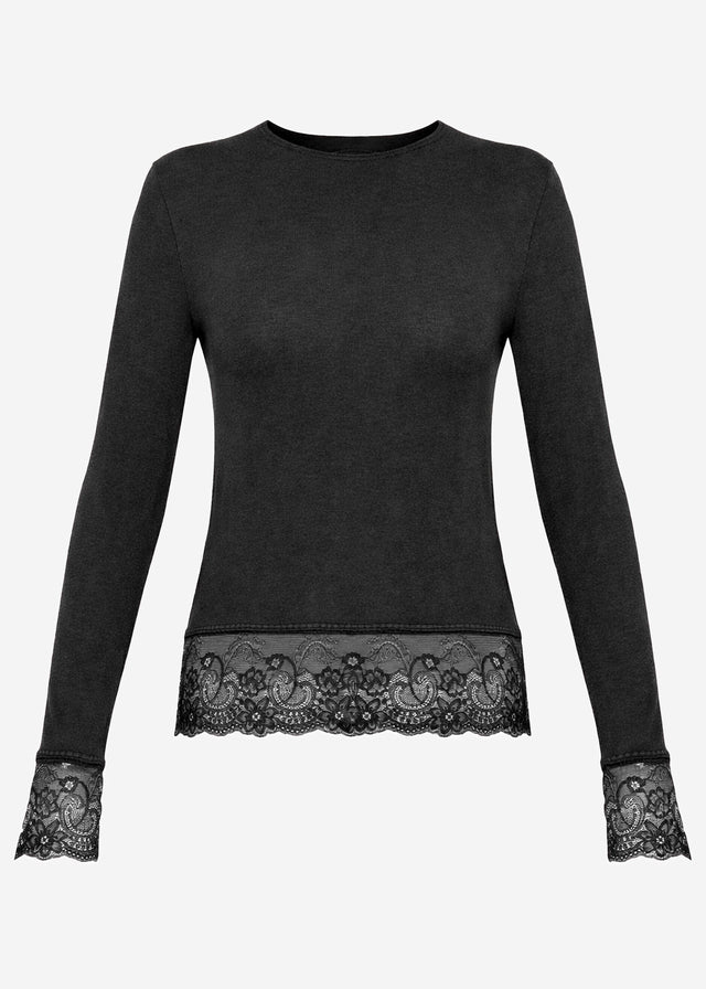 Transparentes Langarmshirt mit Spitzenborte und Kaschmiranteil - schwarz
