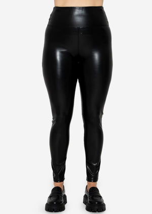 High-rise thermal leather leggings with wide waistband - black