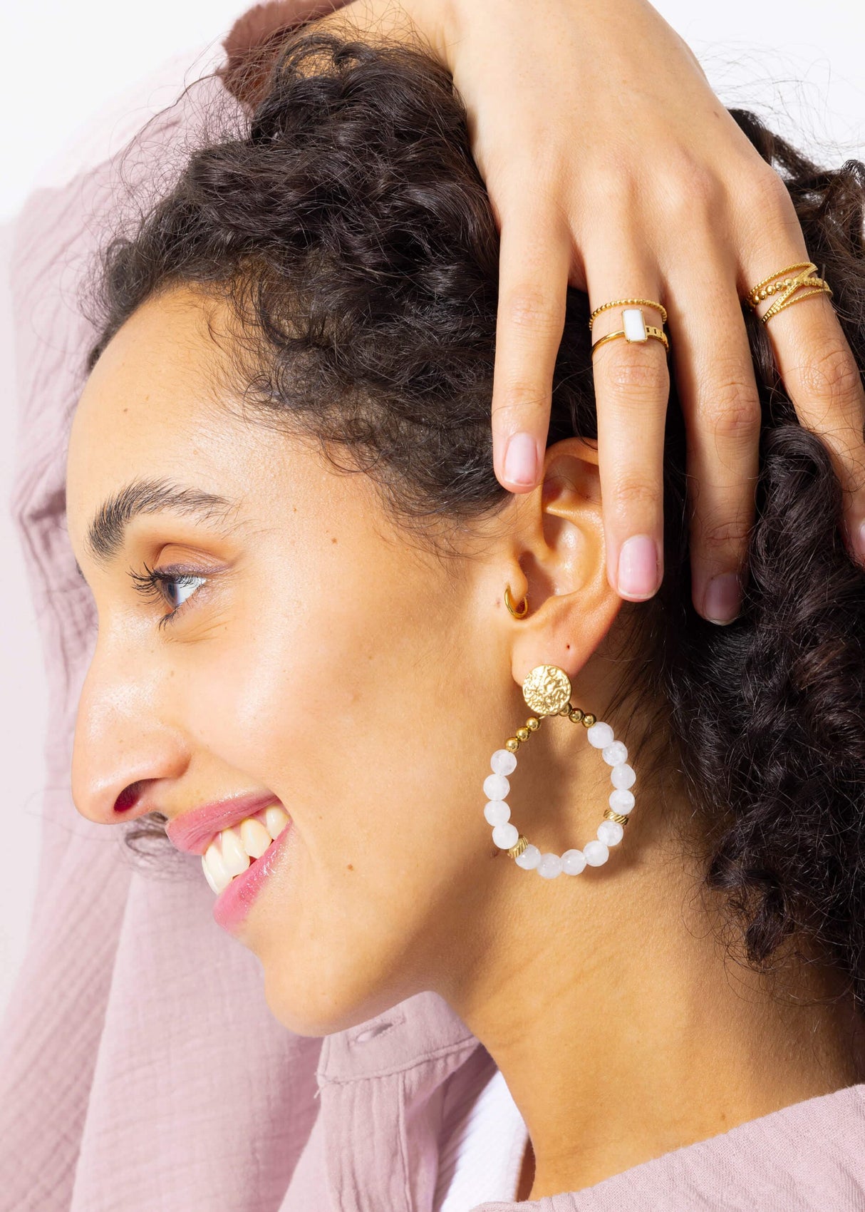 Gold earrings with real pearls - white jade