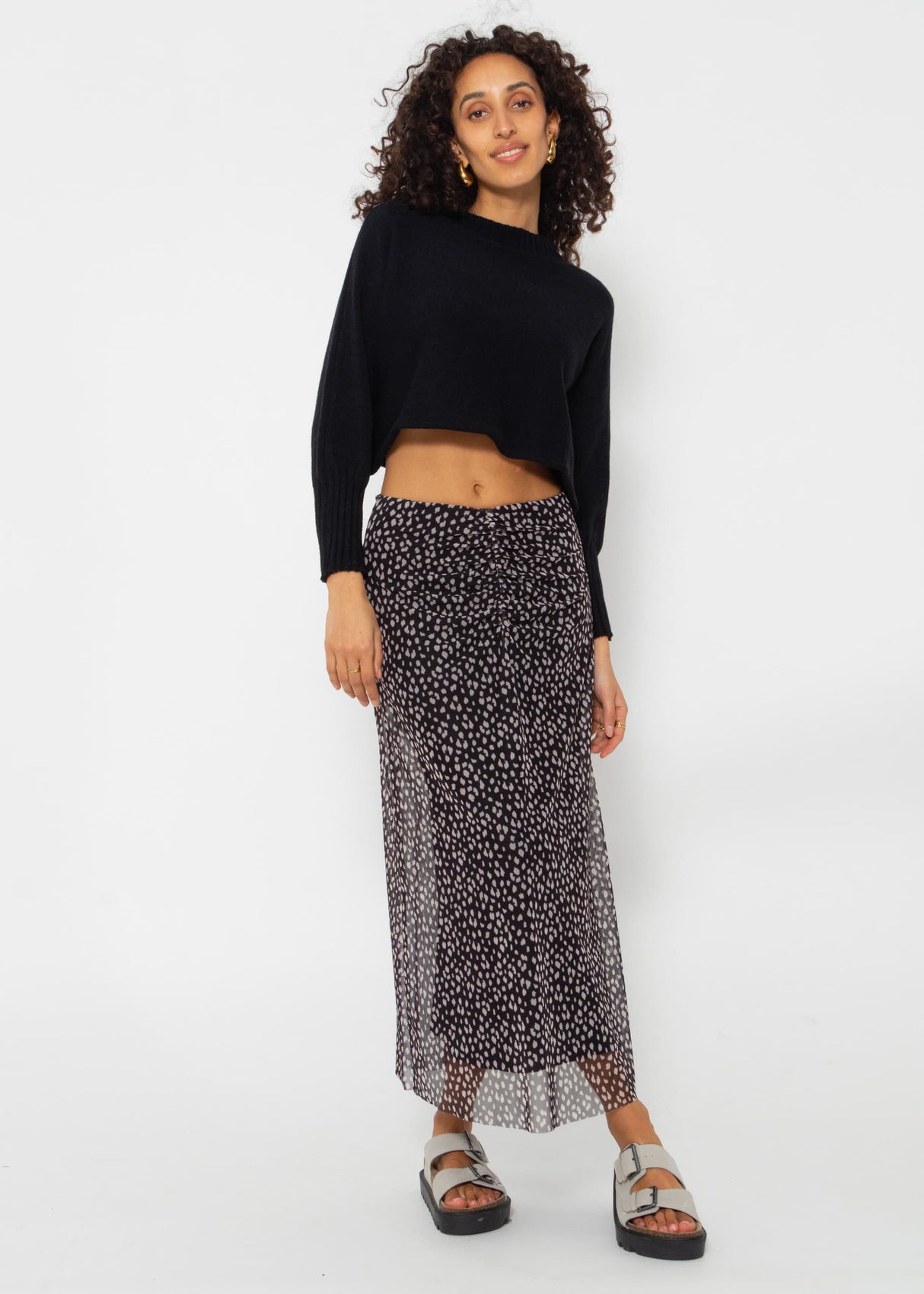 Flared mesh skirt with print - black