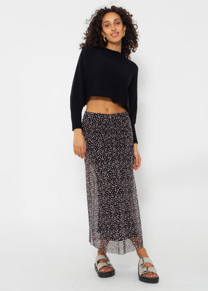 Flared mesh skirt with print - black