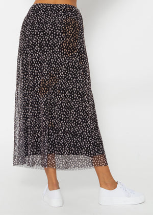 Flared mesh skirt with print - black