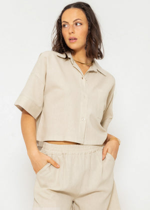 Crop linen blouse jacket, beige
