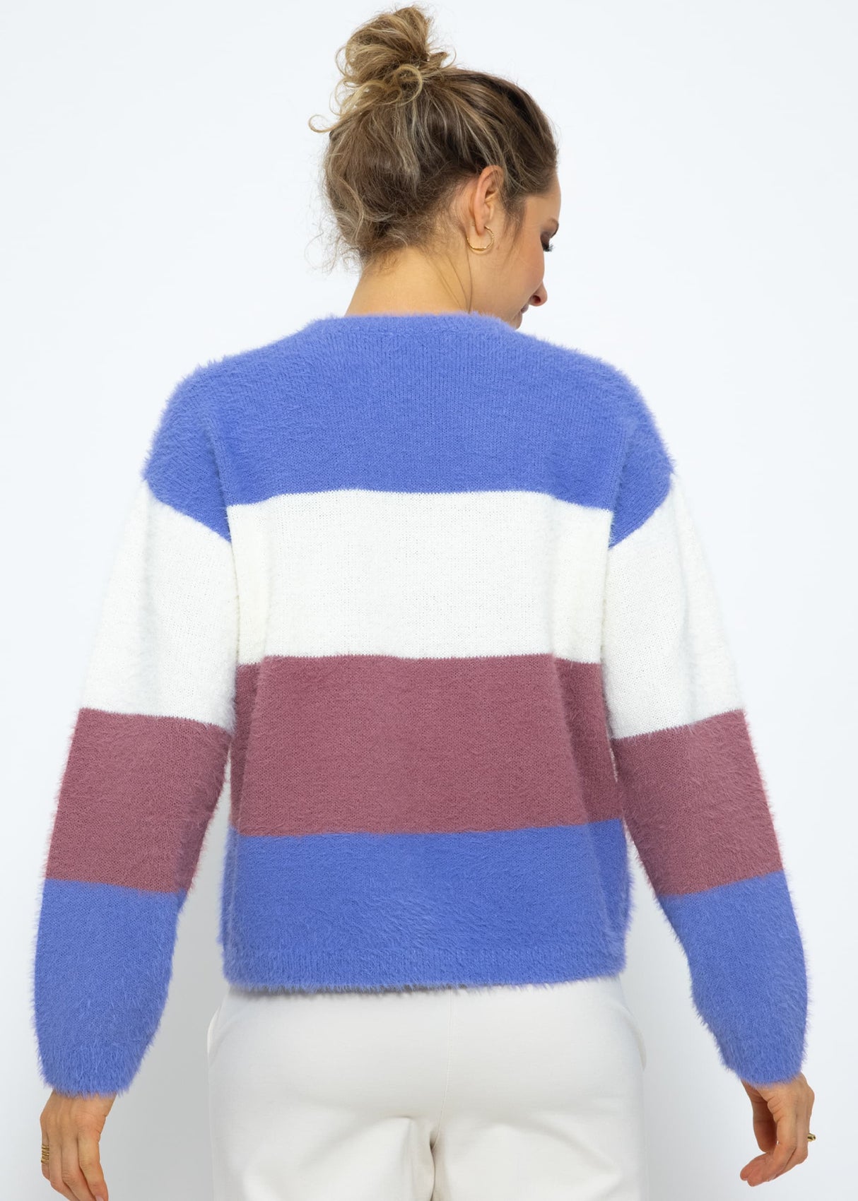 Fluffy sweater with block stripes - purple-off-white-mauve