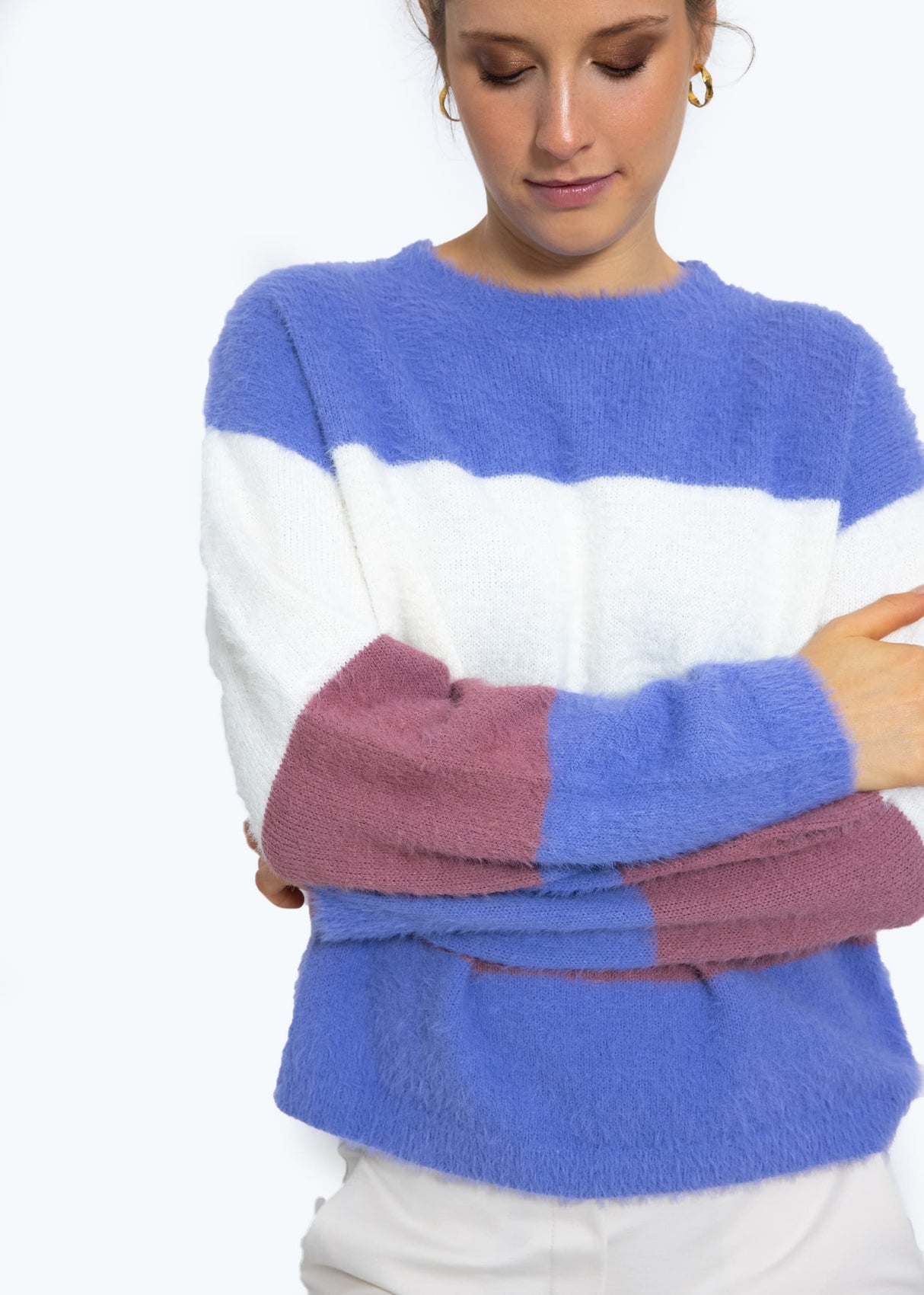 Fluffy sweater with block stripes - purple-off-white-mauve
