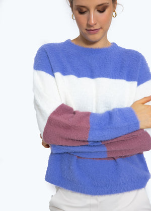 Fluffy sweater with block stripes - purple-off-white-mauve